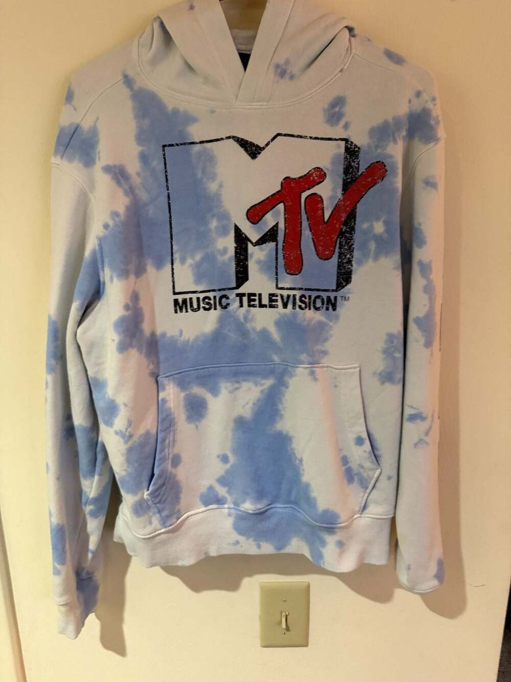 MTV Music Television Hoodie XS Blue White Tie Dye Distressed Logo Sleeve Graphic